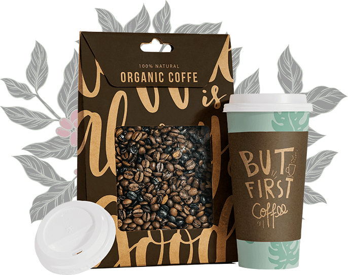 Out West organic coffee package and takeaway cups