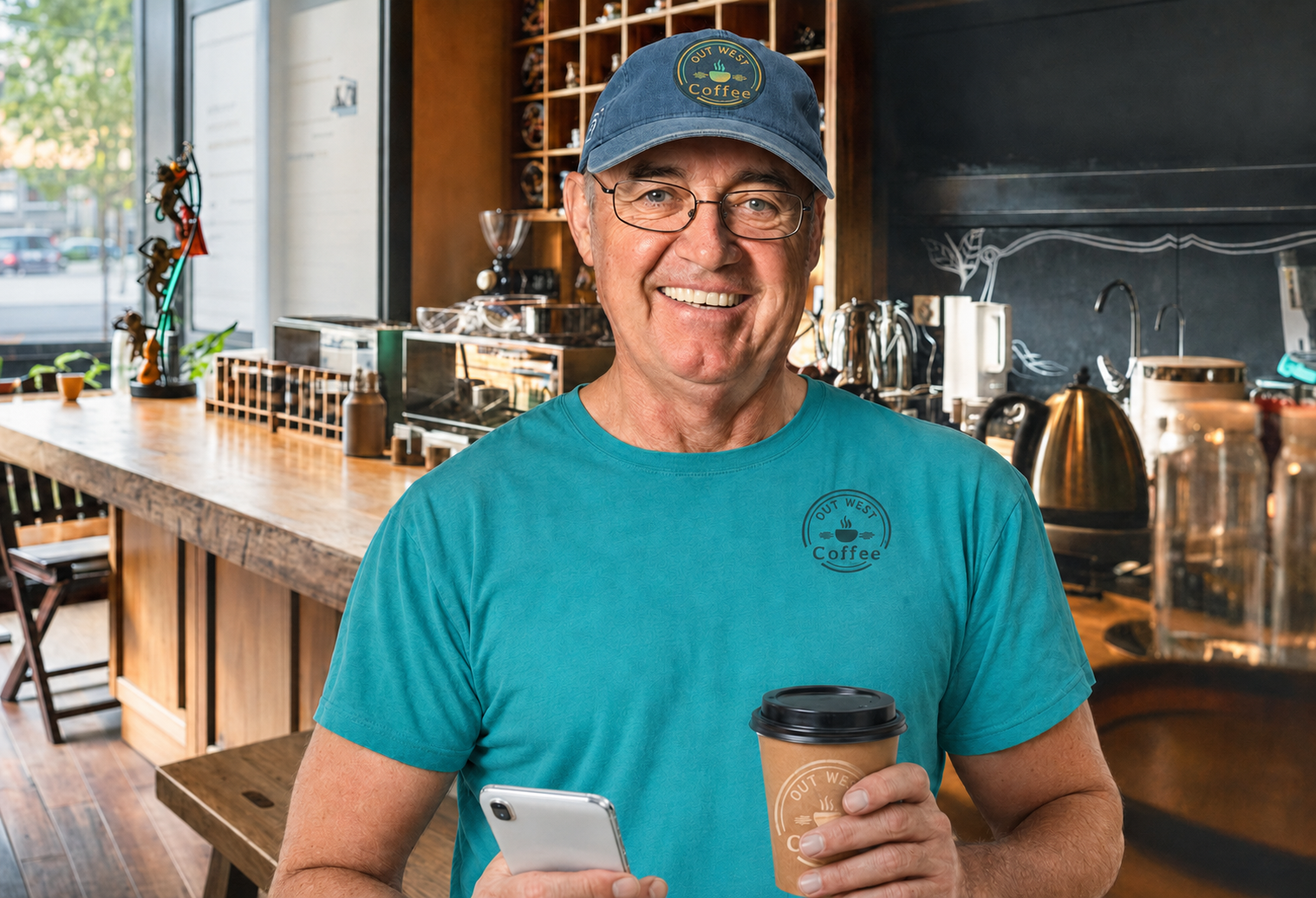 Petr Dzurec, founder of Out West Coffee, wearing an Out West Coffee hat.