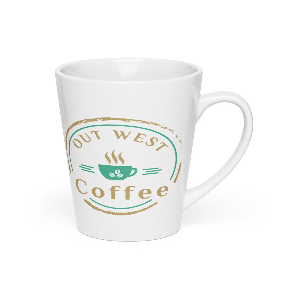 Out West Coffee latte mug with logo facing front