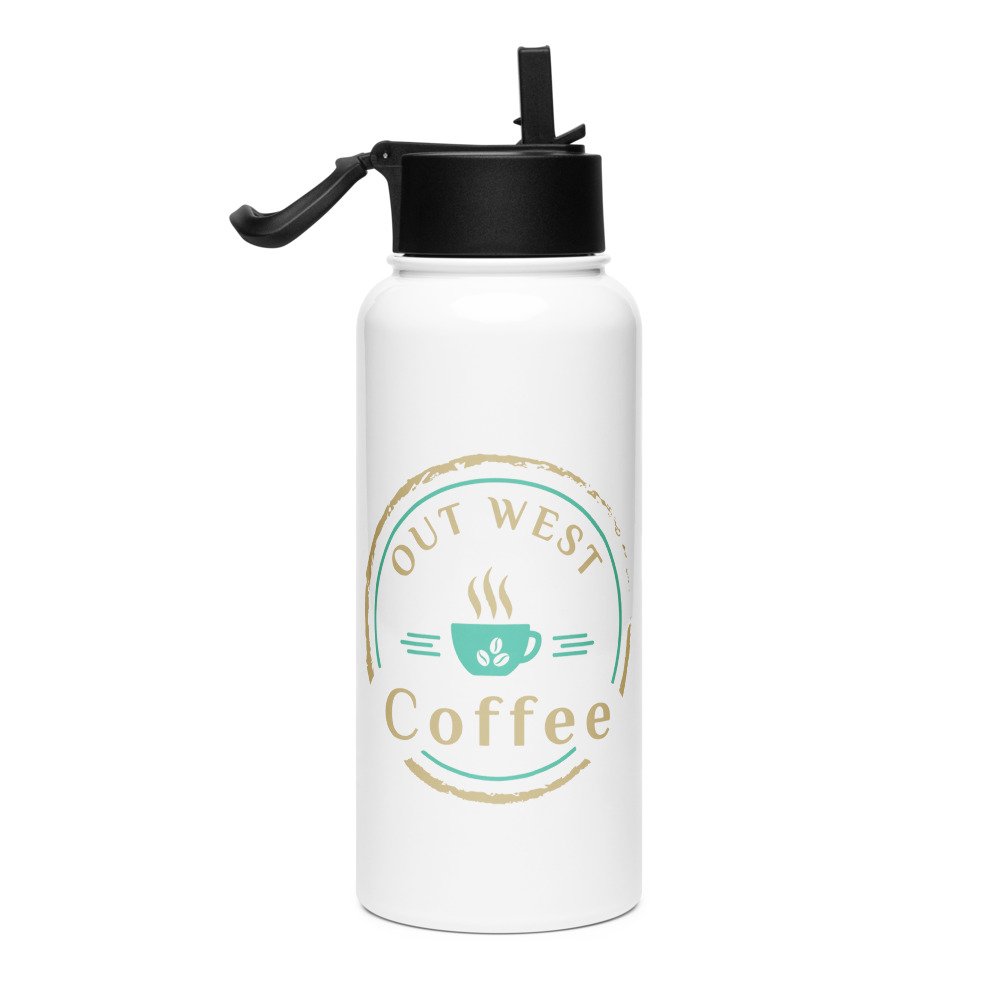 Out West Coffee stainless steel water bottle with logo facing front