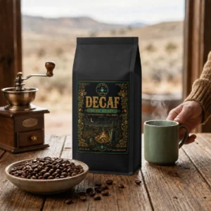 Decaf Coffee in structured black packaging
