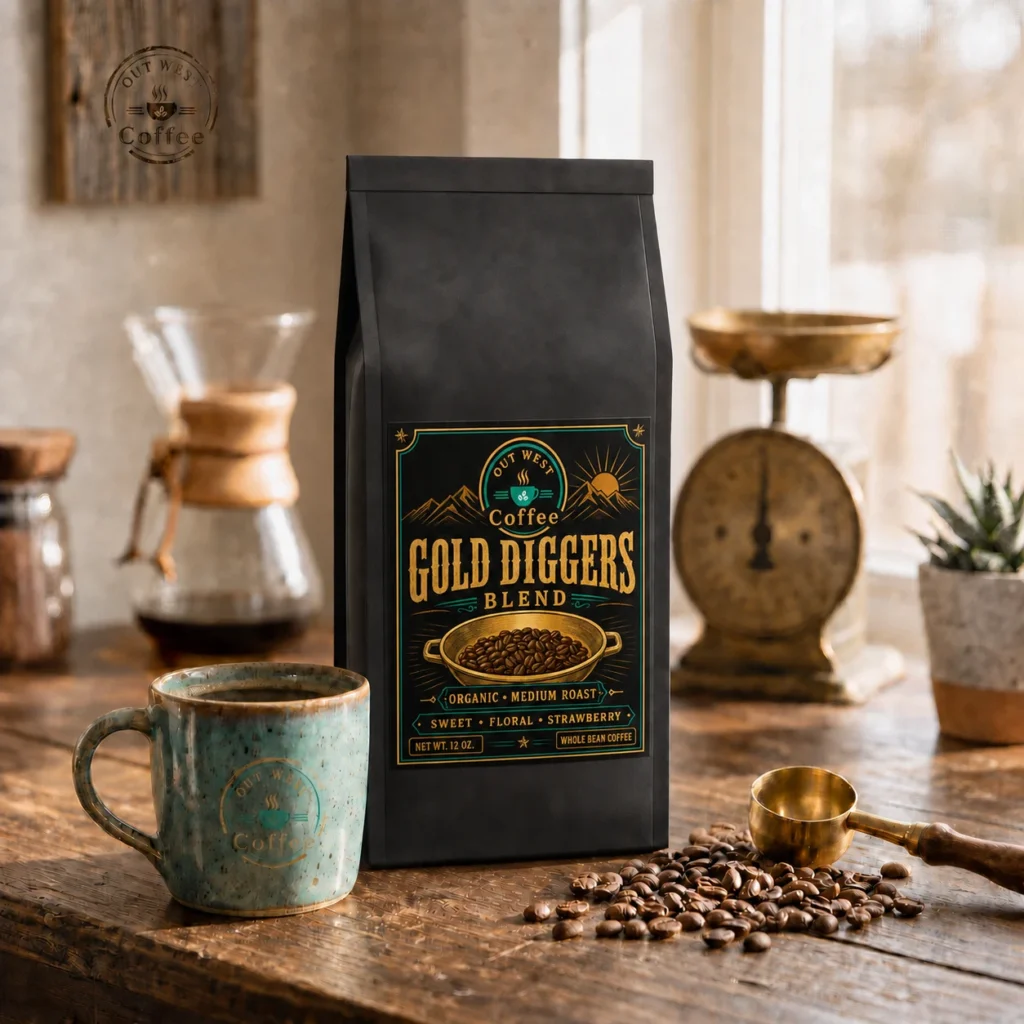 Gold Diggers Blend coffee in structured black packaging