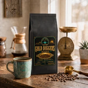 Gold Diggers Blend coffee in structured black packaging