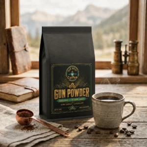 Gunpowder Organic Coffee in structured black packaging