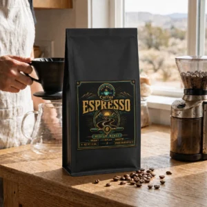 House Espresso coffee in structured black packaging